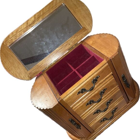 Mele and Co Vintage Wooden Jewelry Box w mirror, velvet lined drawers side doors - Picture 10 of 15